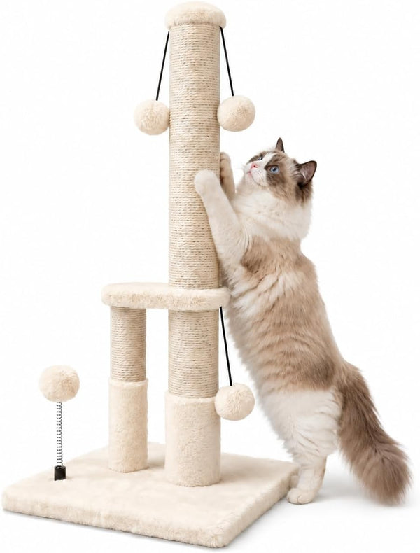 Dimaka Tall Cat Scratching Post, Double Lower Posts Extra Stable Cat Post Tree Scratcher with Sisal Rope and Teasing 4 Balls Total Large Base (Grey)10