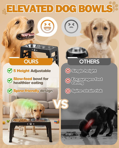 Jovrun Elevated Dog Bowls for Medium Large Size Dogs, Non-Slip Dog Feeder with 1*Stainless Steel Dishes & 1*Slow Feeder Bowl, 5 Heights Adjustable Raised Bowls to 3.15″-8.66″-9.84″-11.02″-12.2″3