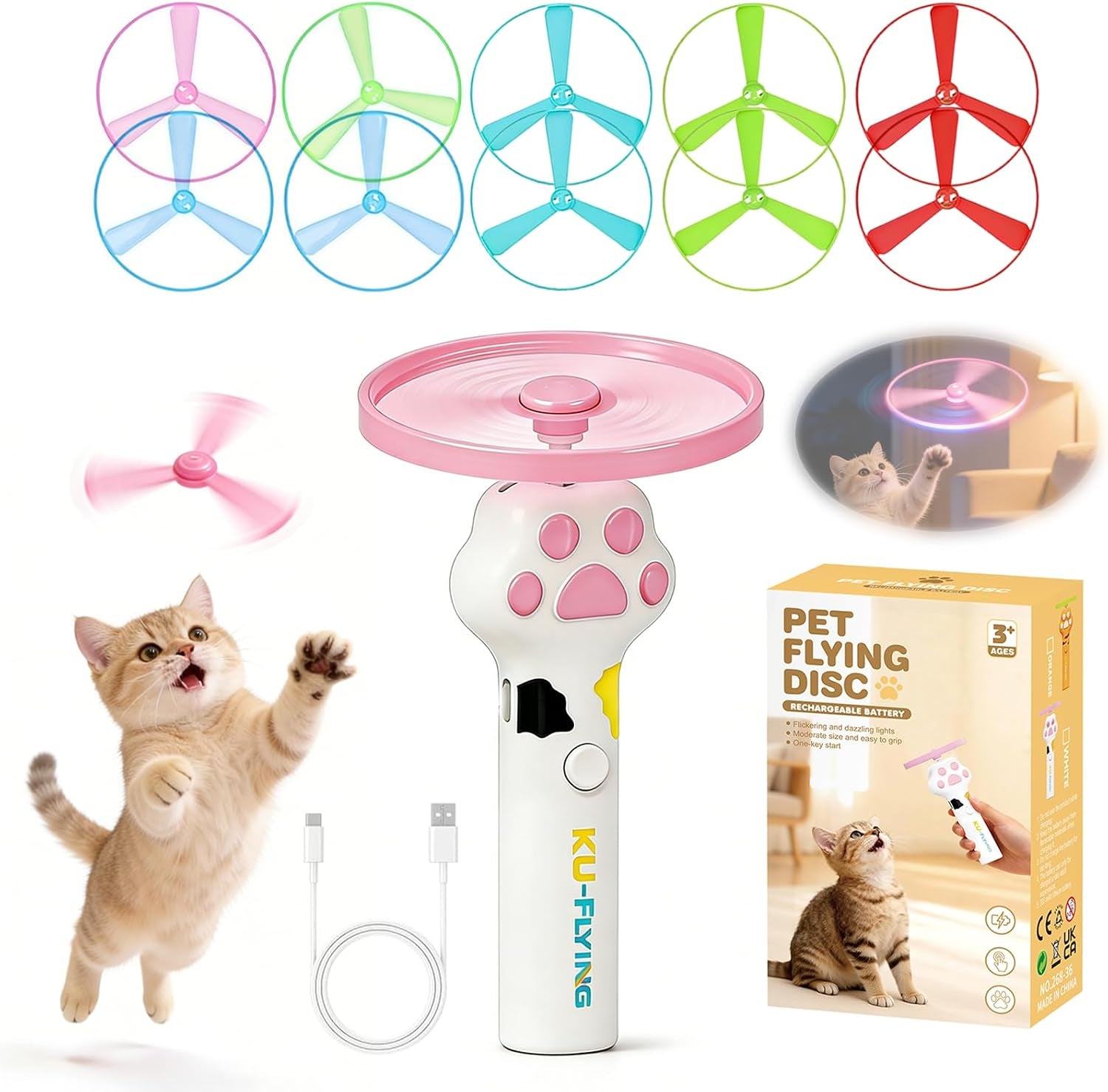 cat-fetch-toy-launcher-flying-disc-launcher-toy-rechargeable-with-10-flying-discs-flying-cat-toy-disc-launcher-for-kitten-dog-playing-interactive-hunting-tracking-toys-for-outdoor-indoor-white