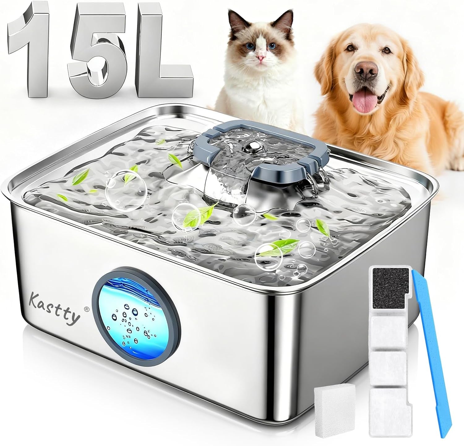 kastty-4-gal-15l-stainless-steel-dog-water-fountain-for-large-dogs-dog-water-bowl-dispenser-triple-filtration-ultra-quiet-automatic-pet-water-fountain-with-water-level-window-led-lightfs76