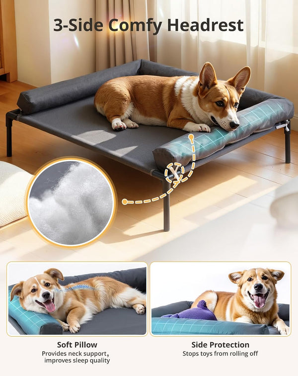 Cooling Elevated Dog Bed, 26.8X34 Raised Dog Bed with Removable Bolster Cushion, Breathable Mesh, Non-Slip Feet, and Metal Frame for Medium Breeds Indoor Outdoor2
