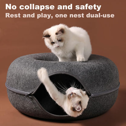 Large Cat Tunnel Bed for Indoor Cats with 3 Toys, Scratch Resistant Donut Cat Bed, up to 30 Lbs (L 24X24X11, Dark Grey)5