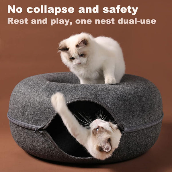 Large Cat Tunnel Bed for Indoor Cats with 3 Toys, Scratch Resistant Donut Cat Bed, up to 30 Lbs (L 24X24X11, Dark Grey)5