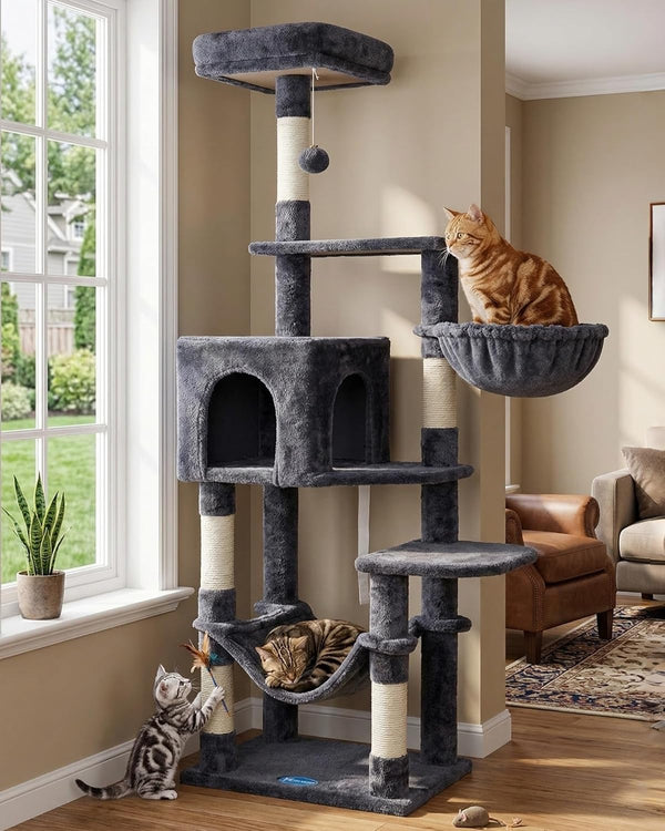 Hey-Brother Cat Tree with Large Hammock, Multi-Level Cat Tower for Indoor Cats, Cat Condo with Sisal-Covered Scratching Posts and Top Perch, Light Gray MPJ050W9