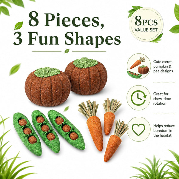 HERCOCCI 8Pcs Guinea Pig Chew Toys, Hamster Toys Prevent Excessive Teeth Growth Natural Vegetables Carrot and Timothy Grass for Guinea Pig Rabbit Chinchillas Gerbil3