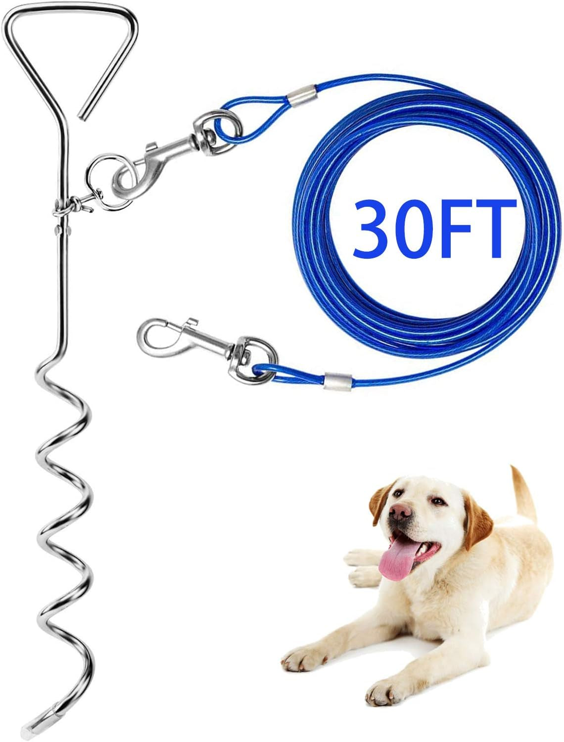dog-tie-out-cable-and-anti-rust-spiral-stake-30ft-outside-leash-chain-for-camping-and-yard-16-heavy-duty-for-medium-large-dogs-up-to-125-lbs-30ft-blue