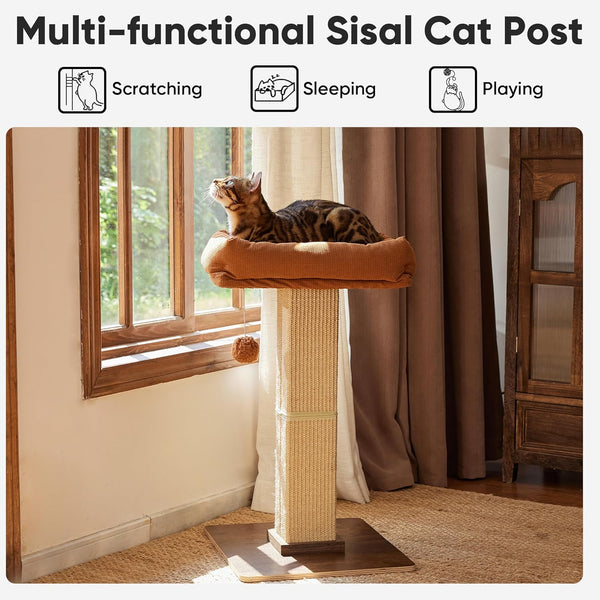 FUKUMARU Retro-Style Cat Scratching Post with Perch for Indoor Adult Cats | 28.7" Elevated Tall Cat Bed, Solid Wood Large Cat Scratcher Tower with Bed, Aesthetic Cat Tree Furniture with Natural Sisal2