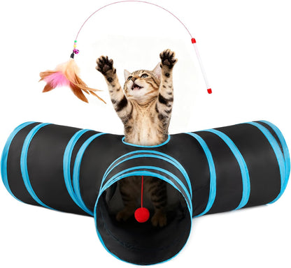 Love’S Cabin Cat Tunnel for Indoor Cats, 3-Way Collapsible Play Tunnel with Teaser Wand, Peek Holes & Toy Ball, Small Pet Toy for Kittens & Rabbits, Black & Blue, Small Size21