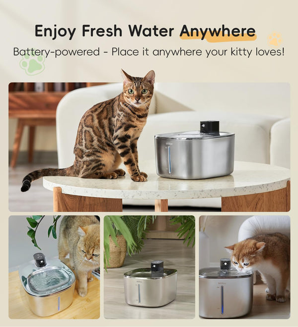 Cat Water Fountain Stainless Steel, 138Fl.Oz / 4.1L Cordless Cat Fountain | Wireless Pet Fountain; 4000Mah Battery; Indoor; Triple Water Modes; 25 Db Ultra-Quiet2
