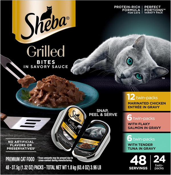 Sheba Perfect Portions Grilled Bites Wet Cat Food, Variety, 2.6 Oz, 24 Ct | Chicken, Salmon & Tuna Variety, 48 Servings, Snap-Peel-Serve Twin-Pack Trays, Complete & Balanced, Vitamins & Minerals1