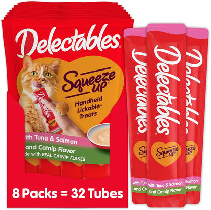 Delectables Squeeze up Creamy Squeezable Puree, Lickable Wet Cat Treats, Grain Free, No Added Fillers, No By-Products, No Added Preservatives, 0.5 Ounces Tube Tuna & Salmon with Catnip, 32 Tubes Total1