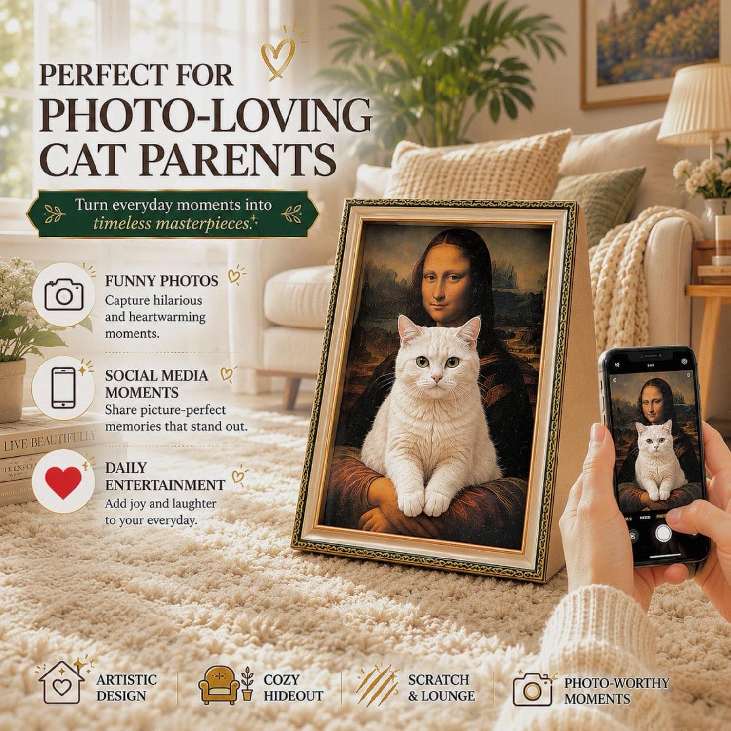 mona-lisa-cat-bed-3-in-1-cardboard-cat-house-with-scratching-pad-cozy-hideout-artistic-cat-furniture-for-indoor-cats-decorative-cat-condo-for-home-decor-easy-setup-novelty-gift-for-cat-lovers