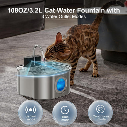 Cat Water Fountain Wireless,Stainless Steel-Rechargeable- Battery Operated Cat Water Fountain,108Oz/ 3.2L Automatic Cordless Pet Fountain,Pet Fountain with 4200 Mah Battery4
