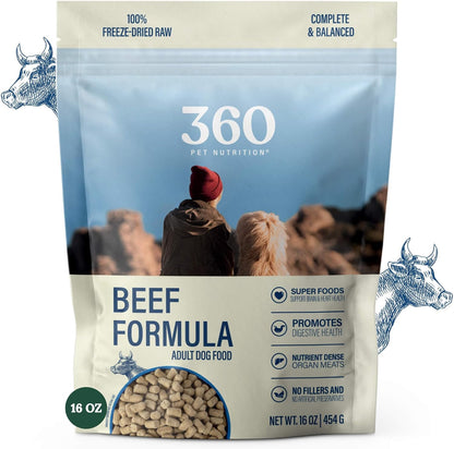 360 Pet Nutrition Freeze-Dried Raw Dog Food – Beef Recipe with Liver & Organs, High Protein with Omega-3S, Fruits, Veggies & Superfoods, Grain-Free, No Fillers, 1 Lb – Made in USA1