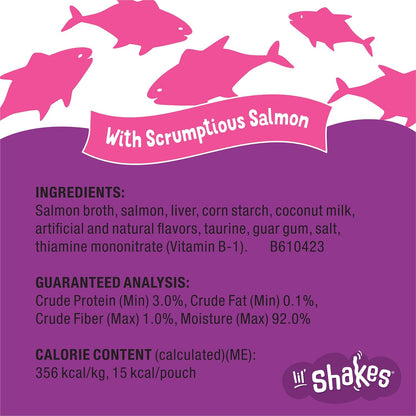 Purina Friskies Pureed Cat Food Topper, Lil’ Shakes with Scrumptious Salmon Lickable Cat Treats - (Pack of 16) 1.55 Oz. Pouches6