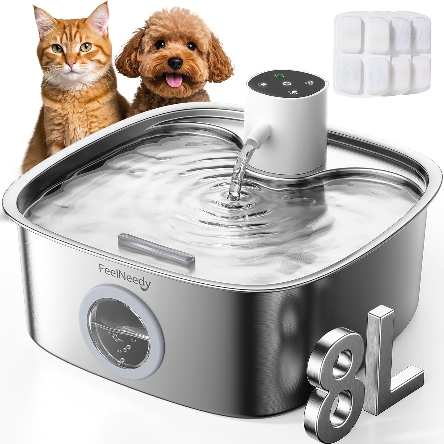 cordless-wider-tray-dog-water-fountain-5000mah-battery-operated-dog-water-bowl-dispenser-with-3-motion-sensor-feelneedy-stainless-steel-pet-water-fountain-for-multi-pets-easy-setup-clean-8l