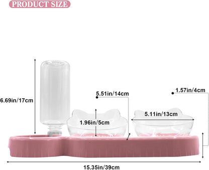 Triple Cat Bowls,15°Tilt 3-In-1 Water Feeder Bowls Cat Double Food Bowls with Automatic Water Bottle Bowl, Whisker Friendly Wet and Dry Cat Elevated Feeding Dishes for Small Cat and Puppy (Pink)5