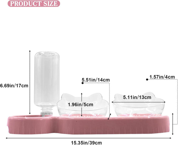 Triple Cat Bowls,15°Tilt 3-In-1 Water Feeder Bowls Cat Double Food Bowls with Automatic Water Bottle Bowl, Whisker Friendly Wet and Dry Cat Elevated Feeding Dishes for Small Cat and Puppy (Pink)5