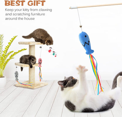 Natural Wood Cat Wand Toy with Ribbon Fish Teaser - 3Pcs, 16 Inch, Indoor Cat Exerciser & Playing Kitten Toy, Bonus 5Pcs Catnip Sticks for Teeth Cleaning5