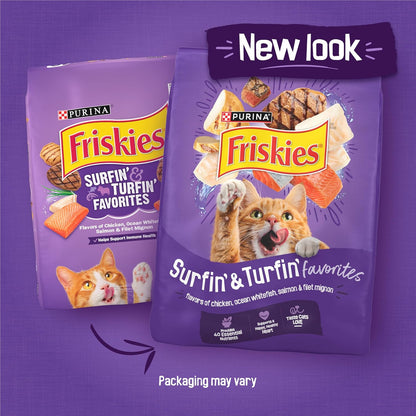 Purina Friskies Cat Food Surfin and Turfin Favorites Flavors of Chicken, Whitefish, Salmon and Filet Mignon - (Pack of 4) 3.15 Lb. Bags2