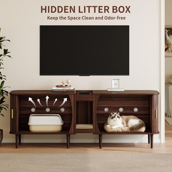71" Double Cat Litter Box Enclosure Furniture for 2 Cats,Fluted Large Litter Box Hidden Furniture with Sliding Door and Scratching Pad,Indoor Pet House Modern Cabinet TV Stand for Living Room4