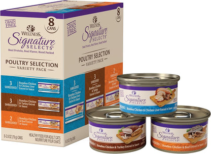 Wellness CORE Signature Selects Variety Pack Adult Canned Wet Cat Food, Natural, Protein Rich, Grain Free, Poultry Recipes, 2.8 Oz, Pack of 8 Cans1