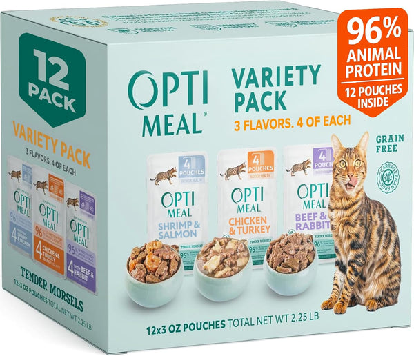 Optimeal Wet Cat Food Variety Pack - Grain Free Tender Morsels, High Protein Premium Nutrition Made with Natural European Ingredients in Savory Gravy, Adult Cat Food Wet Pouches 3Oz Pouch (Pack of 12)1