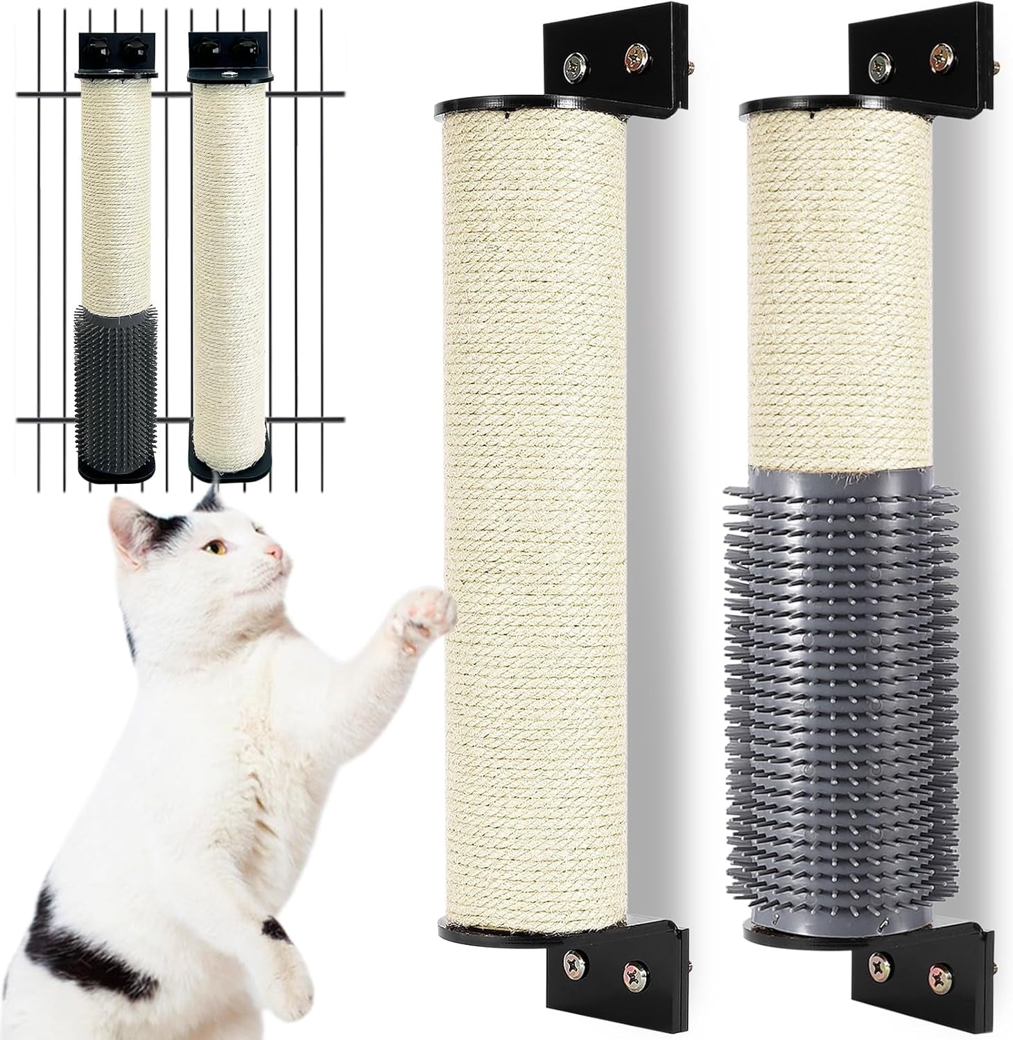 cat-scratching-post-wall-mounted-2-pack-cage-mount-cat-scratcher-2-in-1-natural-sisal-kitty-scratch-posts-with-self-groomer-massager-for-scratch-and-climbing-15-7x2-7in-white