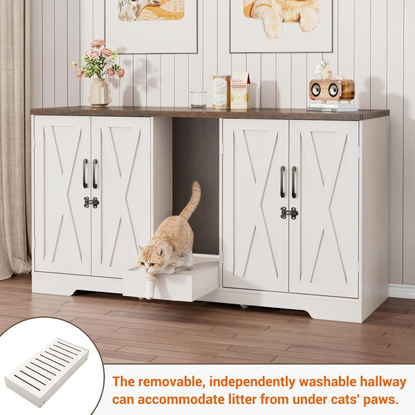 59.1" Cat Litter Box Enclosure for 2 Cats, Hidden Litter Box Furniture with Power Outlet & Removable Hallway, Lockable Door & Anti-Tip Design, Farmhouse Litter Box Cabinet with Magnetic Door, White5