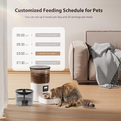 IMIPAW Automatic Cat Feeder and Water Fountain, Timed Dry Food Dispenser, Programmable Portion Control, 1-6 Meals per Day, Desiccant Bag, Cat Fountains for Drinking with Filter, Small Pets (3L Combo)2