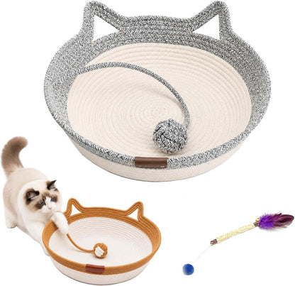 Handwoven Cat Basket Bed, Cotton Rope round Cat Scratcher Bed with Cats Ear Handles, Breathable Boho Nesting Pet Bed for Kittens and Indoor Cats (Color D,Small)12