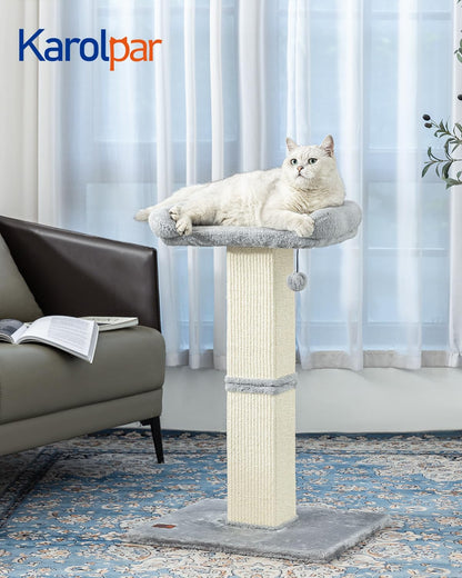 Karolpar 32" Cat Scratching Post for Indoor Cats, Sisal Cat Scratcher with Plush Perch, Large Scratch Post with Bed, Removable Cover, Sisal Fabric,Light Grey | Natural Sisal Cat Scratcher Tower, Large Scratch Post with Bed, Cat Tree with Removable Cover2