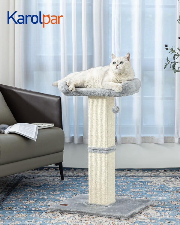 Karolpar 32" Cat Scratching Post for Indoor Cats, Sisal Cat Scratcher with Plush Perch, Large Scratch Post with Bed, Removable Cover, Sisal Fabric,Light Grey | Natural Sisal Cat Scratcher Tower, Large Scratch Post with Bed, Cat Tree with Removable Cover2