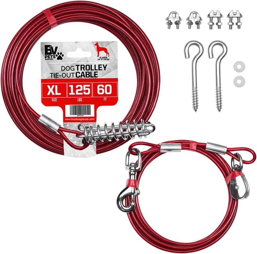 bv-dog-tie-out-cable-30-feet-heavy-duty-dog-lead-up-to-125-pounds-reflective-rust-free-with-quick-release-swivel-clips-360-rotating-clasp-tangle-free-dogs-runner-for-yard-red-single
