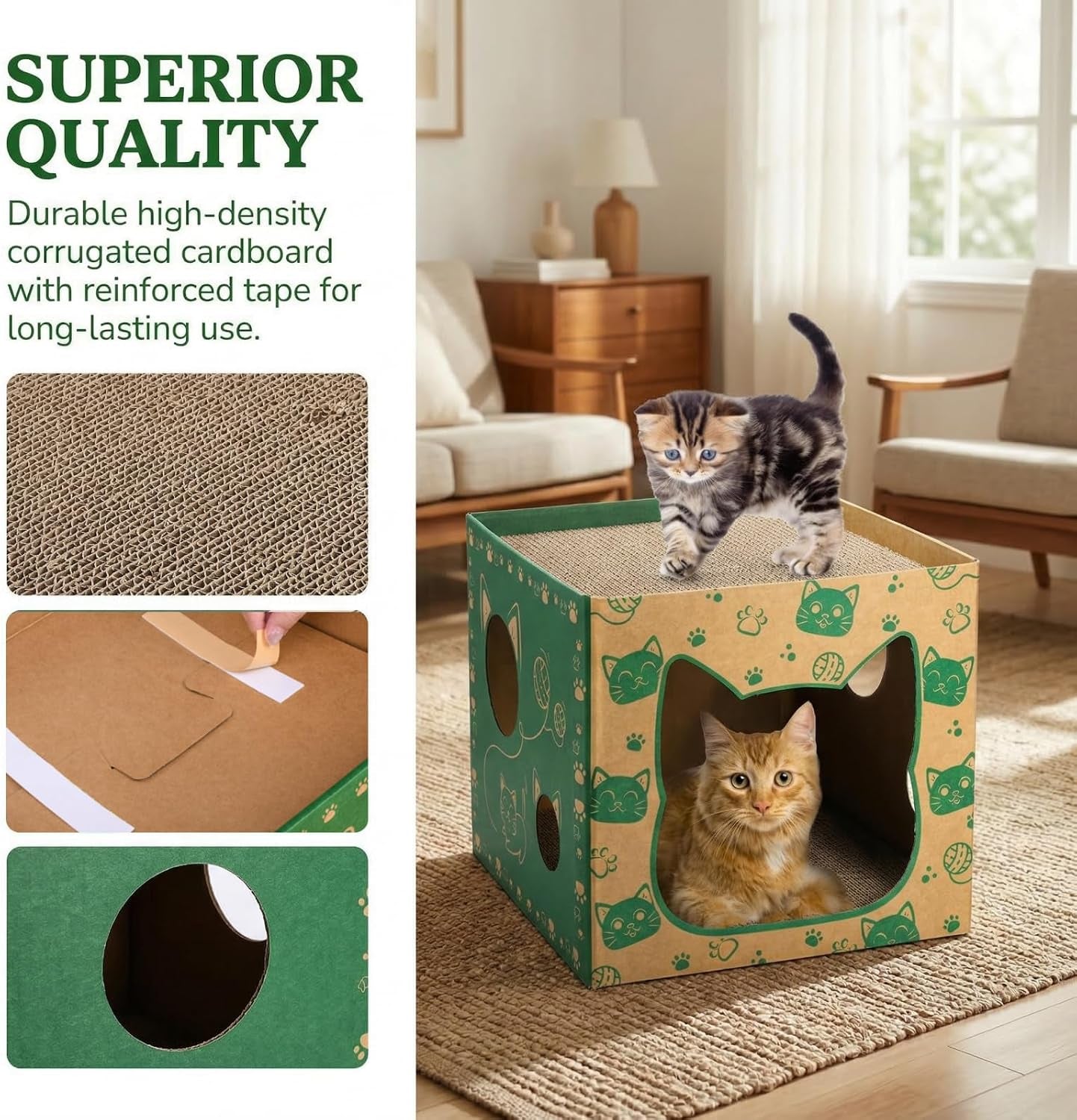 pumtus-2-pack-cardboard-cat-houses-cat-play-house-with-2-pcs-scratching-pad-corrugated-kitten-hideaway-cave-cute-cats-condos-box-cat-scratching-toy-scratcher-bed-for-indoor-cats-kittens-bunny