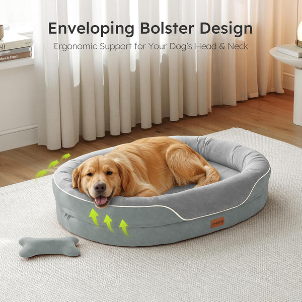 CWAWZ XL Orthopedic Dog Bed, Extra Large Dog Bed, Dog Sofa for Large Sized Dogs with Full-Surround Bolsters, Dual-Sided Dog Cooling Bed with Memory Foam, Washable Sofa with Nonslip Bottom, Light Grey2