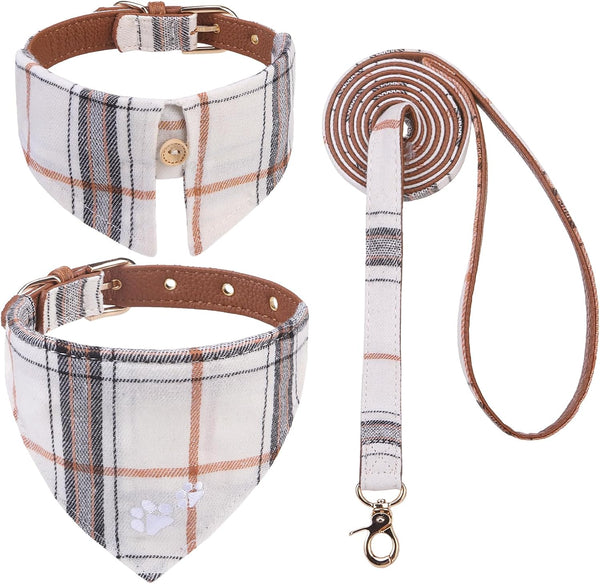 EXPAWLORER Puppy Collar and Leash Set - Embroidery Pawprints Plaid Dog Collar and Dog Leash Set, Bow Tie and Bandana Dog Collar with Bell, Cute Collar and Leash for Dogs Cats Outdoor Walking, Blue S18