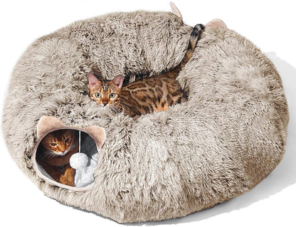 Cat Tunnel with Cat Bed for Indoor Cats, under Christmas Tree Soft Plush Peekaboo Cat Cave Donut Tunnel, Multifunctional Playground Toys Hideplace for Kittens, Rabbit, Ferret (Grey)10