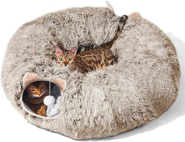 Cat Tunnel with Cat Bed for Indoor Cats, under Christmas Tree Soft Plush Peekaboo Cat Cave Donut Tunnel, Multifunctional Playground Toys Hideplace for Kittens, Rabbit, Ferret (Grey)10