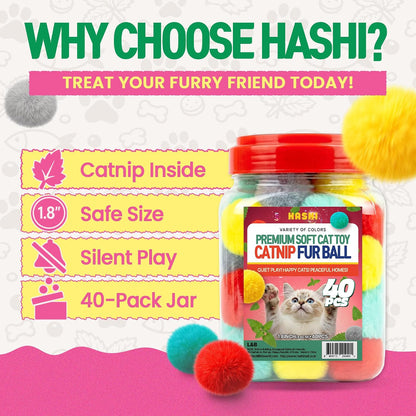 HA SHI 40 Count Catnip Fur Balls for Indoor Cats, 1.8 Inch Soft Plush Interactive Kitten Toy, Quiet Night Play, Colorful Fuzzy Poms8