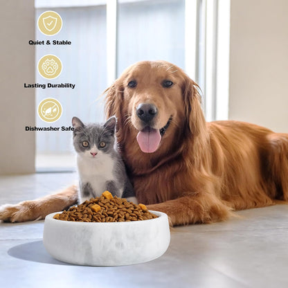 White Marble Dog Bowls, Non-Slip Dog Food Water Bowl Small, Heavy Duty Pet Bowl for Cats and Medium Dogs, Weighted African Natural Marble, Holds 4 Cups(5Lbs)5