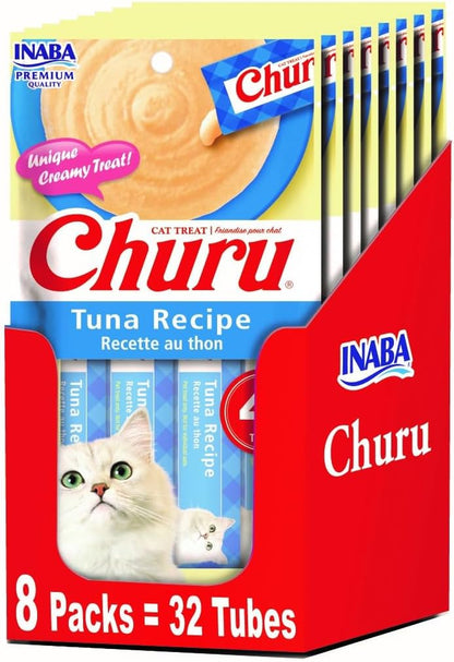 INABA Churu Lickable Purée Natural Cat Treats - Tuna Recipe (4 Servings per Package, 8 Packages) (32 Tubes)1