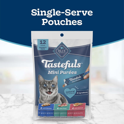 Blue Buffalo Tastefuls Mini Purées Natural Cat Treats, Chicken, Tuna, Salmon Variety Pack, 0.5 Oz. Single Servings, 24-Count4