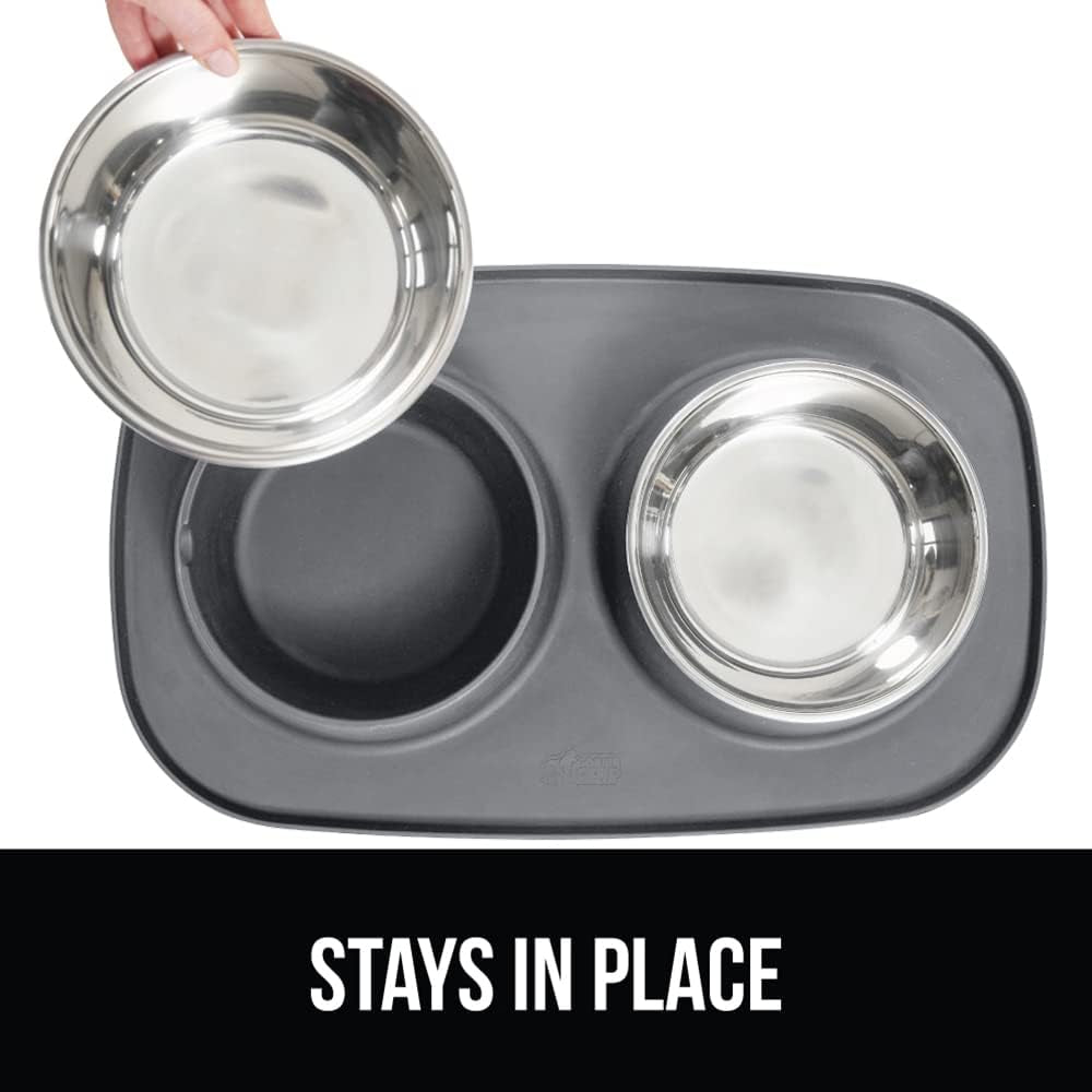 gorilla-grip-patented-dog-bowl-set-with-slip-resistant-silicone-feeding-mat-food-grade-304-stainless-steel-bowls-bpa-free-high-edge-spill-containment-dishwasher-safe-finger-notch-removal-2-cup-gray