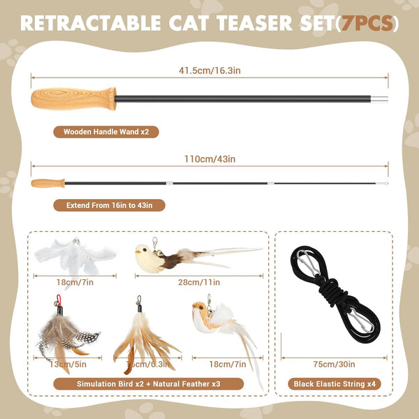 ROSAUI Cat Teaser Wand Toys, Interactive Bird Toys for Indoor Kittens, 42.15’’ Long Cat Fishing Pole Toys, 2Pcs Wires and 5Pcs Natural Refills, Sustainable Wooden Handles, Exercising, Playing2