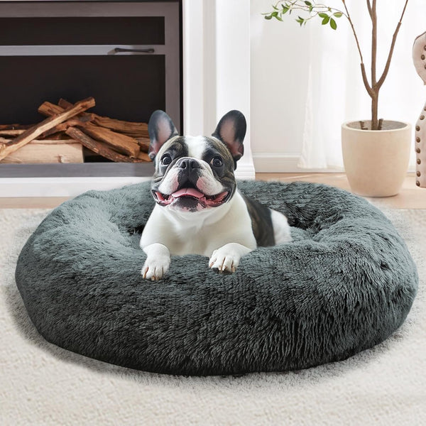 JOLLYVOGUE Small Dog Bed, Calming Dog Beds for Small Dogs & Indoor Cats - 20 Inches Donut Washable Cat Bed for Kittens & Puppies, round Fluffy Plush Faux Fur Pet Beds(Smoke Grey)58