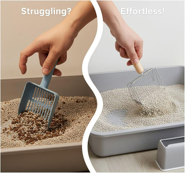11 in Long Handle Cat Litter Scoop Set, Gray Metal, Rustproof 6.7 in Wide Sifter with Wooden Grip, Included Abs Base & Holder Stand4