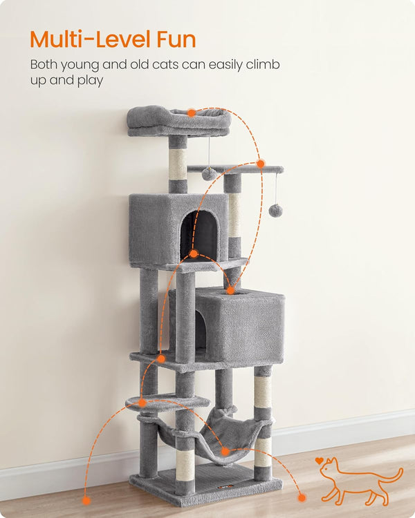 Feandrea Cat Tree, 59.5-Inch Tall Cat Tower, Plush Multi-Level Condo with 5 Scratching Posts, 2 Perches, 2 Caves, Hammock, 2 Pompoms, Light Gray UPCT192W013