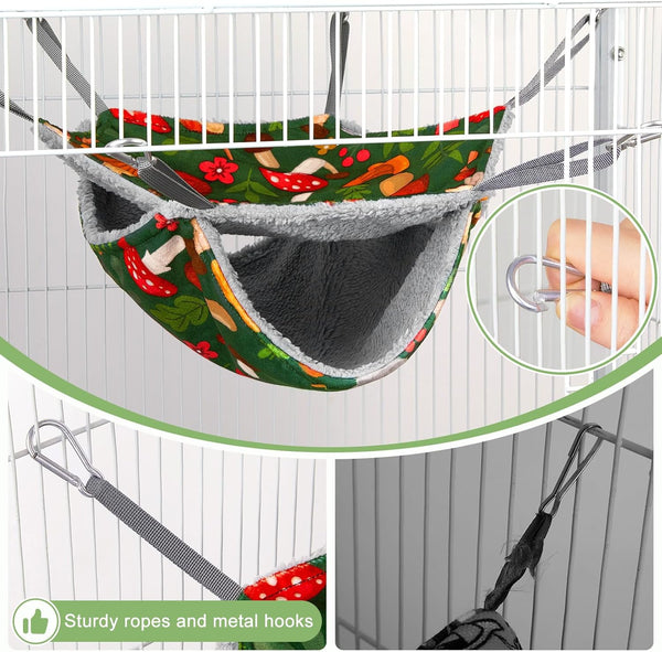 Bienbee 2 Pcs Ferret Rat Hammock Set for Cage Washable Guinea Pig Hideout Bed Soft Small Animal Hammock Tunnel Toys Ferret Cage Accessories for Hedgehog Sugar Glider Squirrel Hamster, Green Mushroom2
