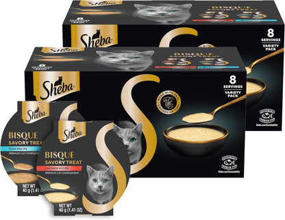 Sheba Bisque Cat Treats & Food Toppers, Variety, 1.4 Oz, 8 Count, 2-Pack | Grain-Free, Chicken & Tuna Recipes, Low-Calorie, Protein-Rich, Hydration Support, No Fillers/Artificial Flavors, 1.4 Oz Bowls1
